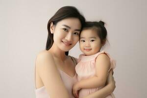 AI Generative Beautiful family of single young mom and cute preschool kid daughter embracing mommy looking at camera happy loving mother piggybacking smiling little child girl hugging mum headsh photo