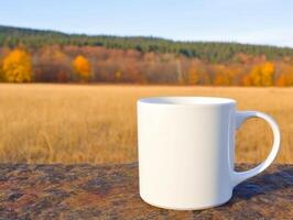 Mockup of a white mug on nature background photo