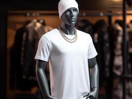 white t-shirt mockup on a mannequin on hip hop background photo