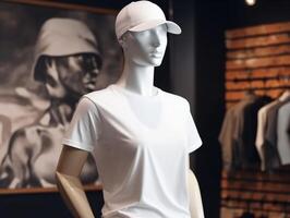 white t-shirt mockup on a mannequin on hip hop background photo