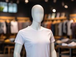 blanco camiseta Bosquejo en un maniquí en cadera salto antecedentes ai generativo foto