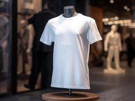 blanco camiseta Bosquejo en un maniquí en cadera salto antecedentes ai generativo foto