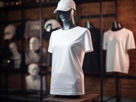 white t-shirt mockup on a mannequin on hip hop background photo