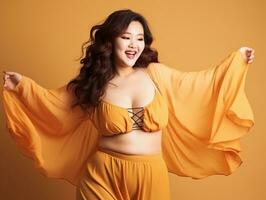 Plus size asian woman emotional dynamic pose AI Generative photo