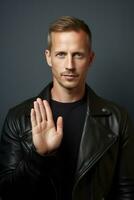 Studio shot of handsome man dynamic emotional gestures AI Generative photo