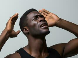 Studio shot of young african man dynamic emotional gestures AI Generative photo