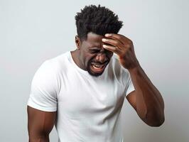 Studio shot of young african man dynamic emotional gestures AI Generative photo