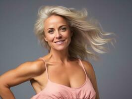 Studio shot of middle-aged woman dynamic emotional gestures AI Generative photo