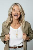 Studio shot of middle-aged woman dynamic emotional gestures AI Generative photo