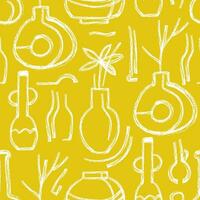 Seamless pattern of abstract hand drawn vases on bright yellow background. Art collage of ceramic pottery in a minimalistic trendy style vector