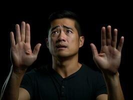 Studio shot of asian man dynamic emotional gestures AI Generative photo