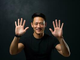 Studio shot of asian man dynamic emotional gestures AI Generative photo