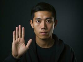 Studio shot of asian man dynamic emotional gestures AI Generative photo