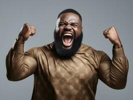 Studio shot of plus size african man dynamic emotional gestures AI Generative photo