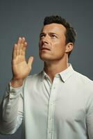 Studio shot of 40 year old man dynamic emotional gestures AI Generative photo