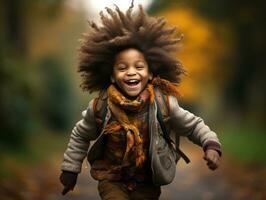 emotional dynamic gestures african kid in autumn AI Generative photo