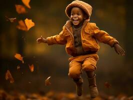 emotional dynamic gestures african kid in autumn AI Generative photo