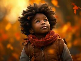 emotional dynamic gestures african kid in autumn AI Generative photo