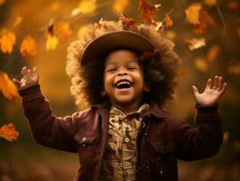 emotional dynamic gestures african kid in autumn AI Generative photo