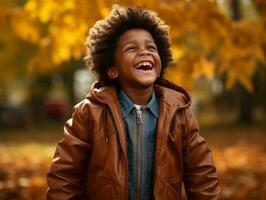 emotional dynamic gestures african kid in autumn AI Generative photo