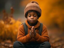 emotional dynamic gestures african kid in autumn AI Generative photo