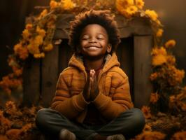 emotional dynamic gestures african kid in autumn AI Generative photo