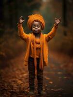 emotional dynamic gestures african kid in autumn AI Generative photo