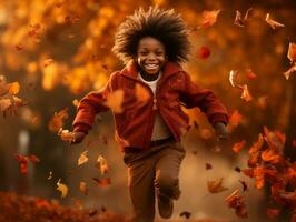 emotional dynamic gestures african kid in autumn AI Generative photo