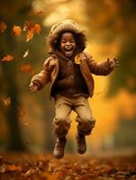 emotional dynamic gestures african kid in autumn AI Generative photo