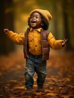 emotional dynamic gestures african kid in autumn AI Generative photo