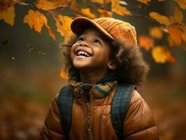 emotional dynamic gestures african kid in autumn AI Generative photo