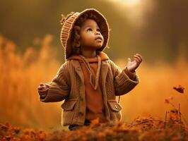 emotional dynamic gestures african kid in autumn AI Generative photo
