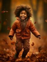 emocional dinámica gestos africano niño en otoño ai generativo foto