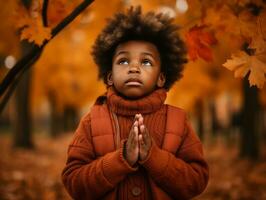 emotional dynamic gestures african kid in autumn AI Generative photo