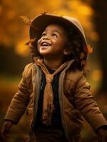 emotional dynamic gestures african kid in autumn AI Generative photo