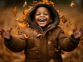 emotional dynamic gestures african kid in autumn AI Generative photo