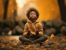 emotional dynamic gestures african kid in autumn AI Generative photo