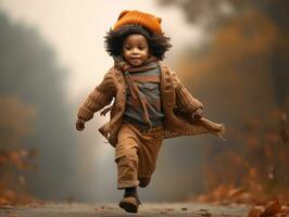 emotional dynamic gestures african kid in autumn AI Generative photo