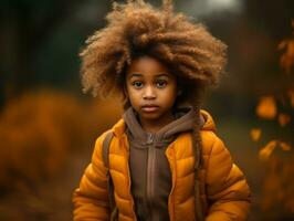 emotional dynamic gestures african kid in autumn AI Generative photo