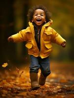 emotional dynamic gestures african kid in autumn AI Generative photo