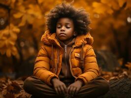 emotional dynamic gestures african kid in autumn AI Generative photo