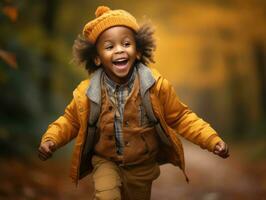 emotional dynamic gestures african kid in autumn AI Generative photo