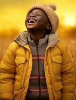 emotional dynamic gestures african kid in autumn AI Generative photo