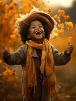 emotional dynamic gestures african kid in autumn AI Generative photo