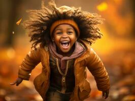 emotional dynamic gestures african kid in autumn AI Generative photo