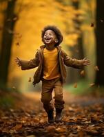 emotional dynamic gestures african kid in autumn AI Generative photo