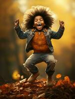 emotional dynamic gestures african kid in autumn AI Generative photo