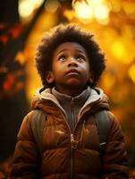 emocional dinámica gestos africano niño en otoño ai generativo foto