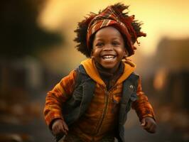 emotional dynamic gestures african kid in autumn AI Generative photo