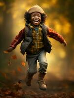 emotional dynamic gestures african kid in autumn AI Generative photo